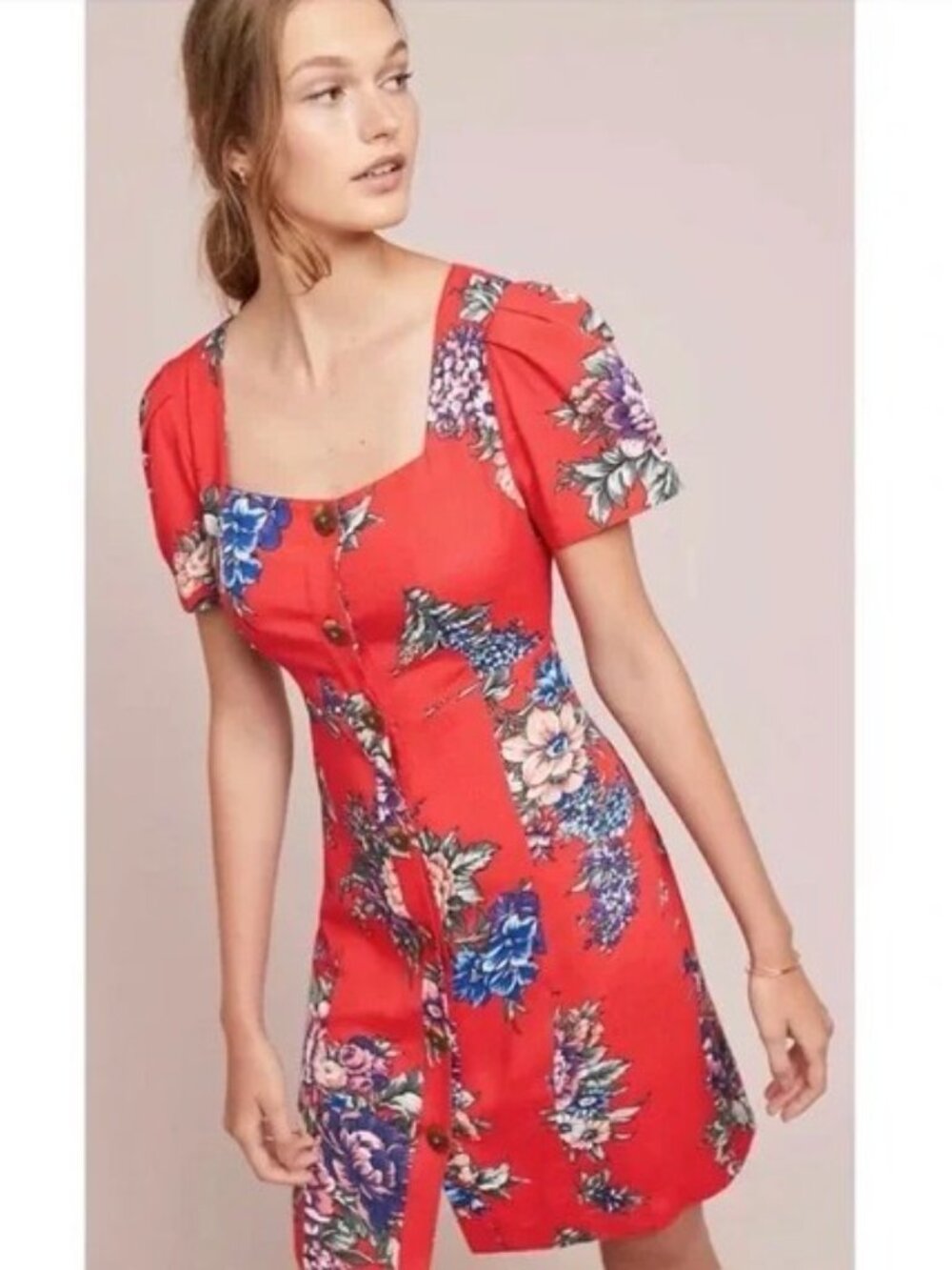 Maeve Anthropologie Dress 4 Red Caldwell Buttondown Floral Short Sleeve Women's